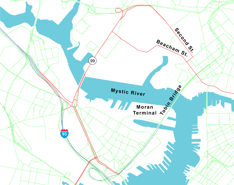 Figure 1 is a map of Everett, Charlestown and parts of Chelsea. The Tobin Bridge, the Moran Terminal, Second Street and Beacham Street have been highlighted as CUFCs